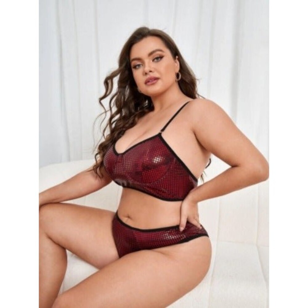1X Plus Size Black & Red Metallic Underwire Bikini Bottom Lingerie Set